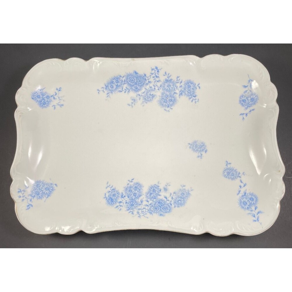 Merkelsgrun Floral Rectangle Serving Platter Blue White Austria Antique Embossed